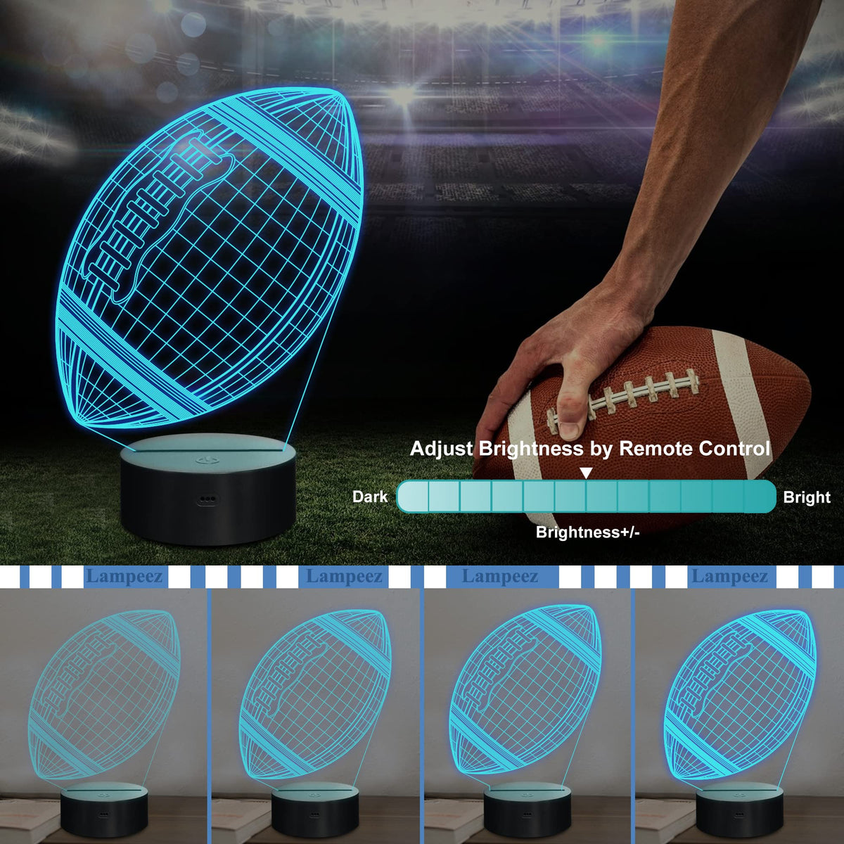 Lampeez Football Gifts Night Light, Kids 3D American Football Night Light Optical Illusion Rugby Lamp with 16 Colors Changing Remote Birthday Xmas Valentine Gift Idea for Sport Fan Boys Girls