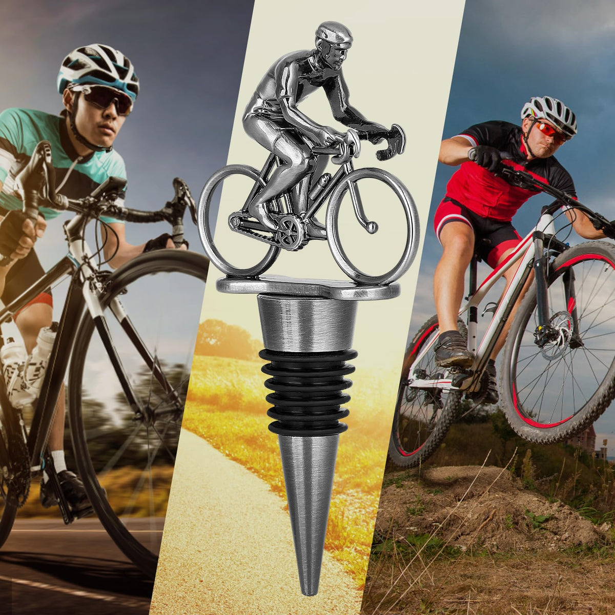 LKKCHER Cycling Wine Stopper, Bicycle Wine Gifts Father Day Gifts Christmas Gifts Birthday Gifts for Men Cyclist, Bottle Stoppers for Wine Champagne, Dark Silver with Gift Box