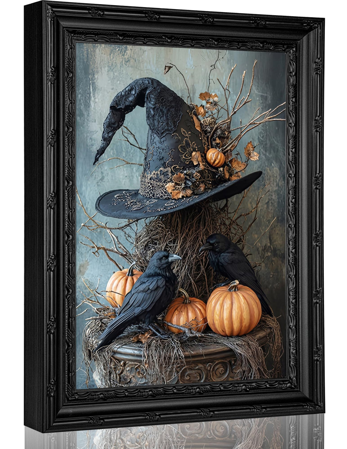 Framed Witch Hat Canvas Wall Art,Halloween Pumpkin Crow Painting Picture Wall Decor,Dark Academy Poster Print Artwork,for Living Room Bedroom Tarot Reading Room Haunted House Home Decoration 9x11in
