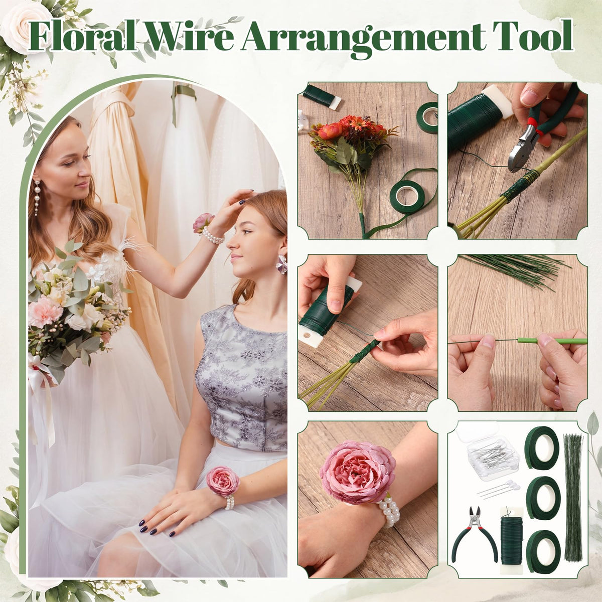 Poola Voidra Floral Arrangement Tools Floral Tape Wire Set Adhesive Glues Boutonniere Flower Pin Stem Cutter Elastic Pearl Wrist Corsage Band White Ribbon Kit for Wedding Corsage Supply Bouquet Craft