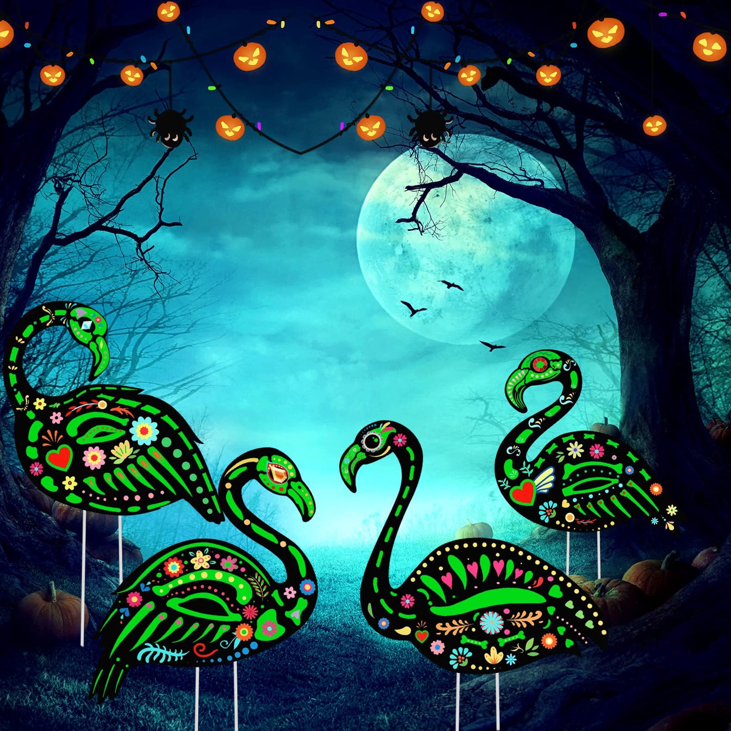 Amyhill 4 Pcs Halloween Glow in The Dark Skeleton Flamingo Yard Ornament with Stake Flamingo Outdoor Lawn Decor Scary Plastic Skeleton Yard Sign for Party