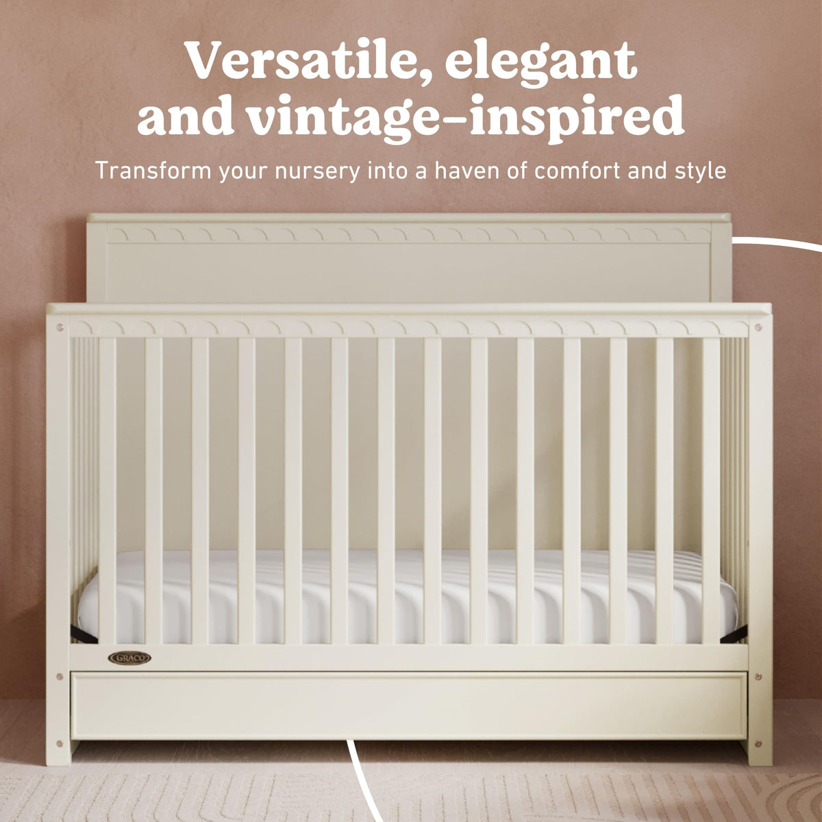 Graco Sasha 5-in-1 Convertible Crib with Drawer – GREENGUARD Gold Certified Wood Crib, Converts to Toddler Bed, Daybed, Full-Size Bed, Stylish Classic Design (Frosted Oat)