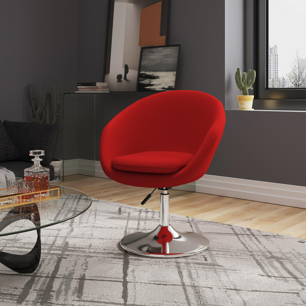 Manhattan Comfort Hopper Adjustable Swivel Accent Chair Set of 2 with 360° Turn, Upholstered Seat, Polished Chrome Base, Modern Bowl Design for Home Office and Living Room, Red Wool Blend