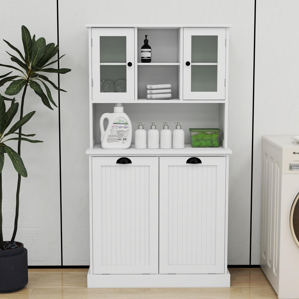 Knocbel Tilt-Out Laundry Sorter with 2 Removable Bags and Adjustable Shelves, Tall Bathroom Floor Cabinet Laundry Hamper (White 59")