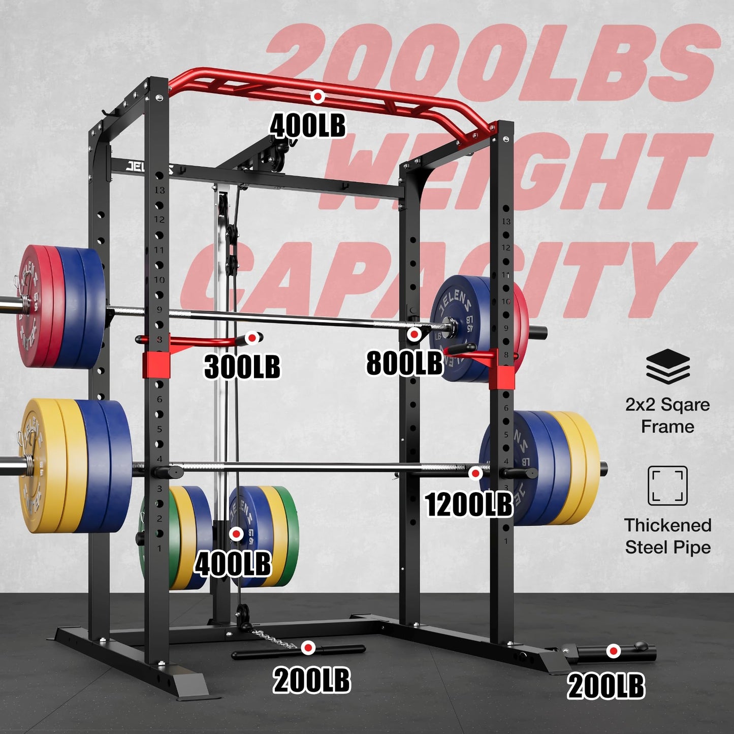 JELENS S11 Power Cage, 2000LB Multi-Function Power Rack with LAT Pulldown, Squat Rack with Adjustable Pulley System and Training Attachments, Weight Rack for Home Gym