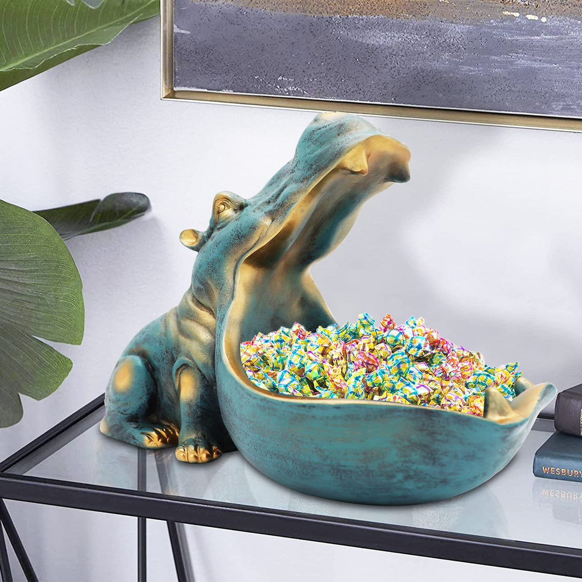 aboxoo Hippo Statue,Large Hippopotamus Figurine Home Sculpture with Resin, Hippo Candy Jar, Candy Dish Bowl for Office Desk, Key Bowl for Entryway Table,Container Storage Art Decor Box(Dark Blue)