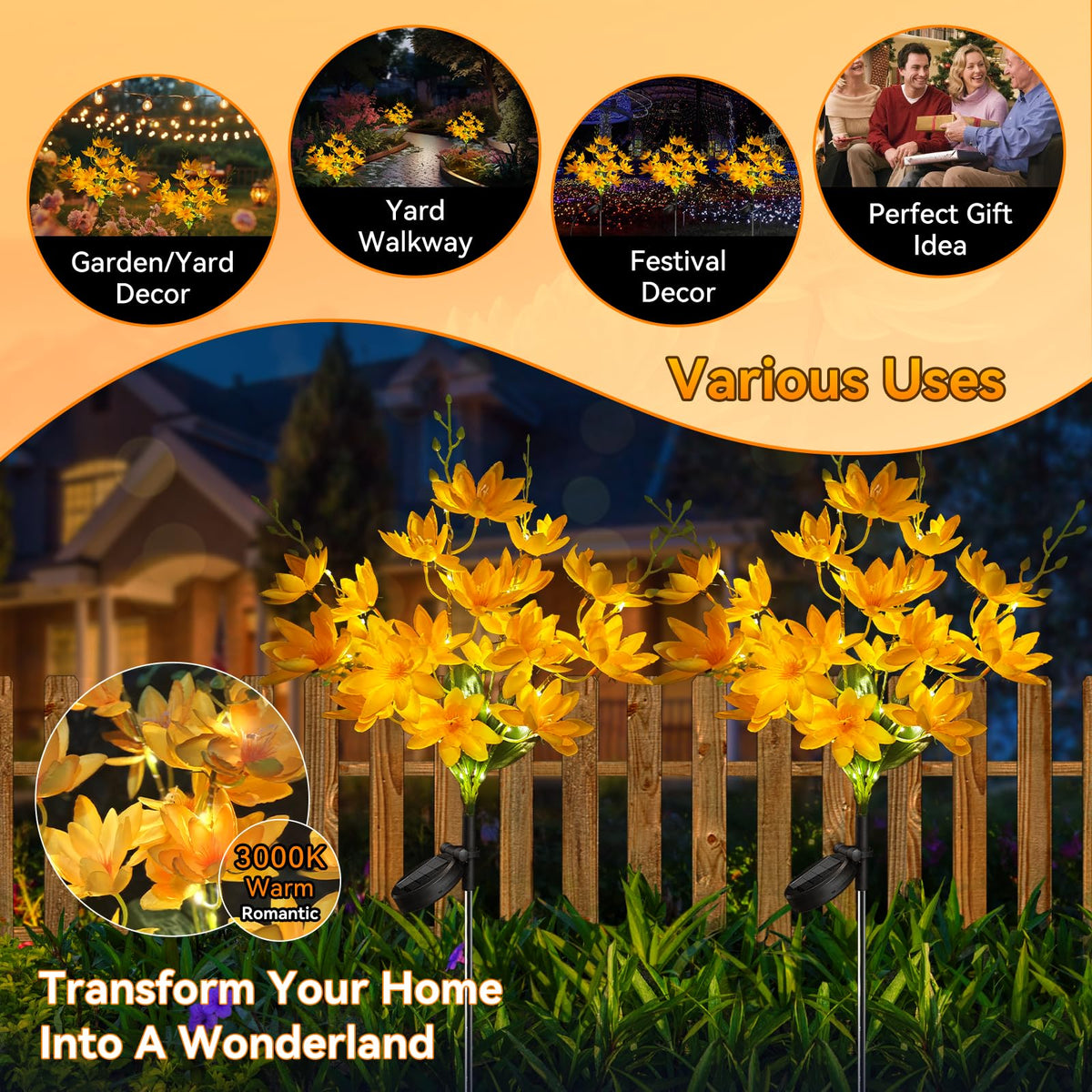 Neporal Solar Flowers Outdoor Waterproof IP65, 5-Head Snow Lotus with 20+ Flowers, Warm LED Light & 2 Lighting Modes, Decorative Solar Lights Outdoor Garden, Yard, Pathway, Flower Bed (2-Pack, Yellow)