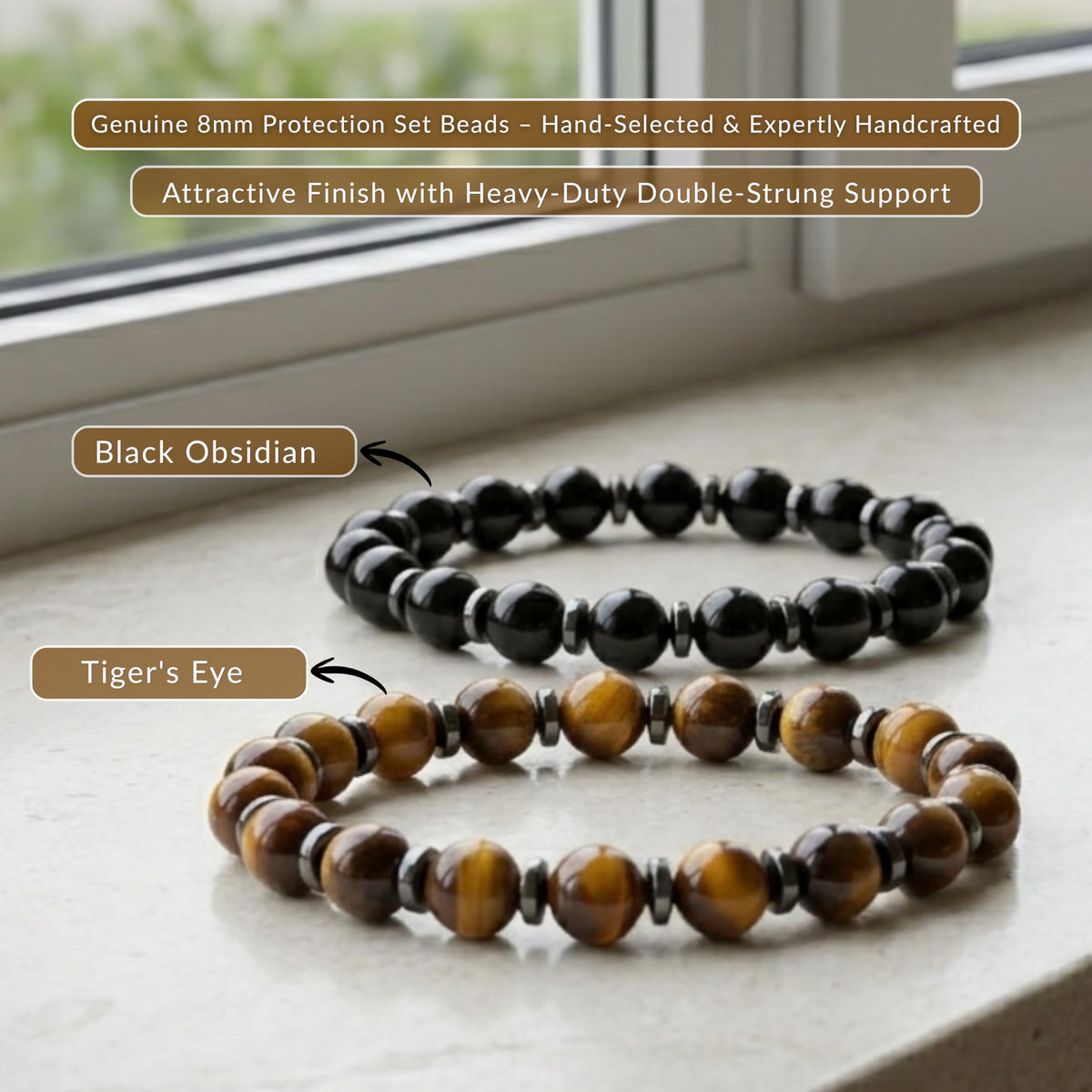 Cherry Tree Collection Protection Set (Black Obsidian & Tiger’s Eye) – Genuine 8mm Gemstone Stretch Bracelet for Men & Women – Handmade Crystal Bracelet - (Protection Set - S)