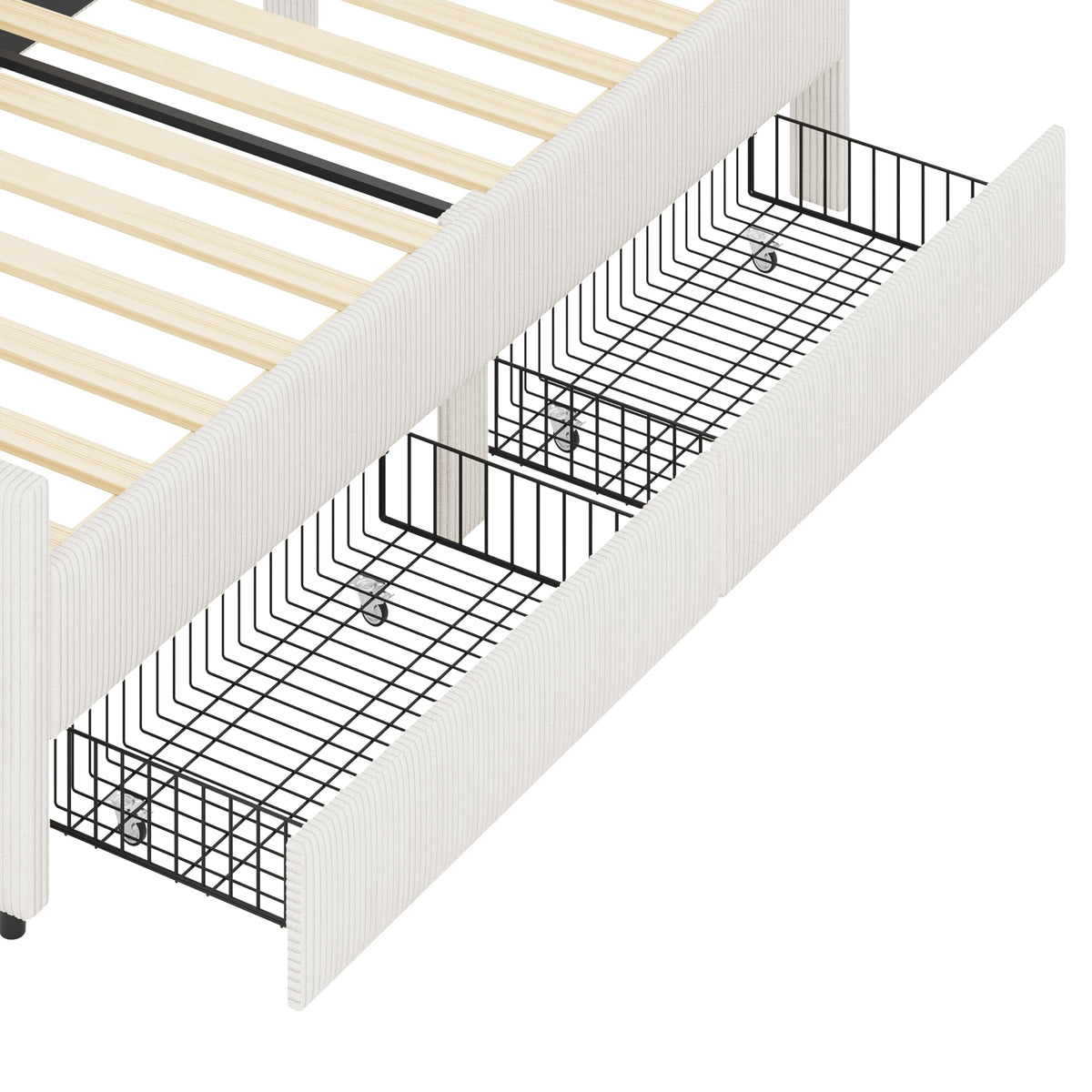 GDFStudio Twin Size L Shaped Corduroy Daybed Upholstered Bed Frame with 2 Storage Drawers Wooden Slats Semi Enclosed Design No Box Spring Needed, Beige