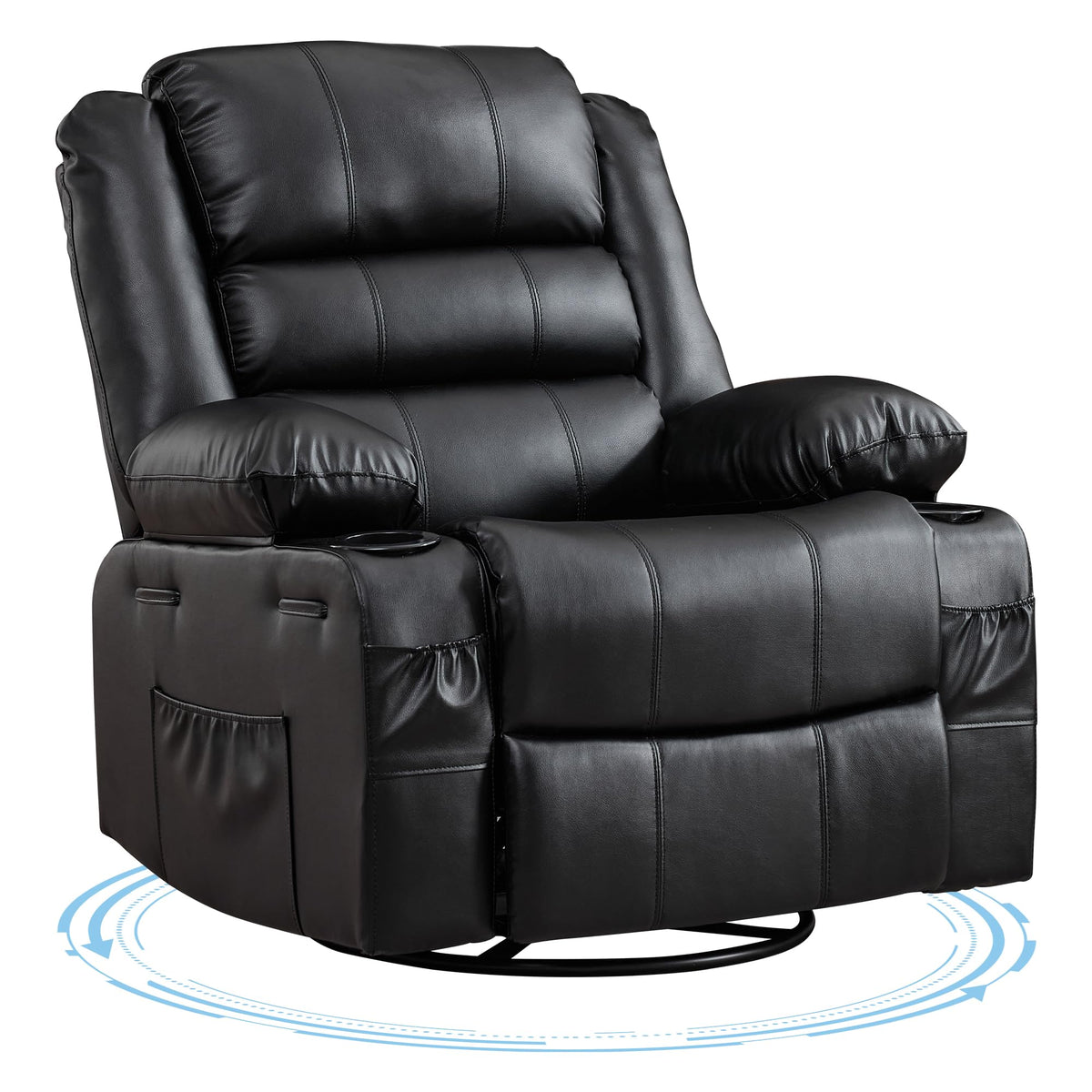 Rocking Recliner Chair for Adults Wide 360° Swivel Rocker Recliner with Cup Holder Nursery Glider with Upholstered Deep Seat PU Leather Comfy Single Sofa for Living Room Black