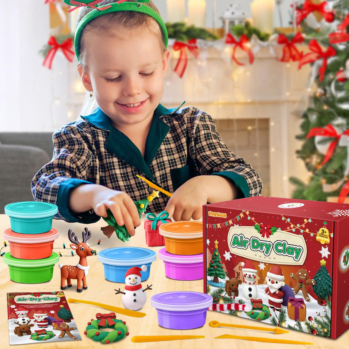 ESSENSON Air Dry Clay Christmas Crafts Kit, 36 Colors DIY Modeling Clay Craft Set with Accessories, Christmas Stocking Stuffers for Kids, Xmas Gift for Girls Boys