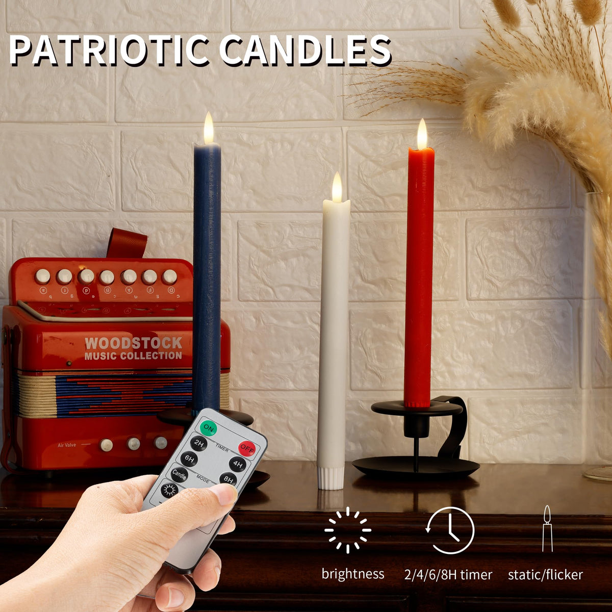 AFINETH Red White and Blue Flameless Taper Candles with Remote, 9.6" Real Wax Patriotic Flameless Candles, Battery Operated 4th of July Candlesticks, Flickering Independence Day Candle Decor, 3 Pack