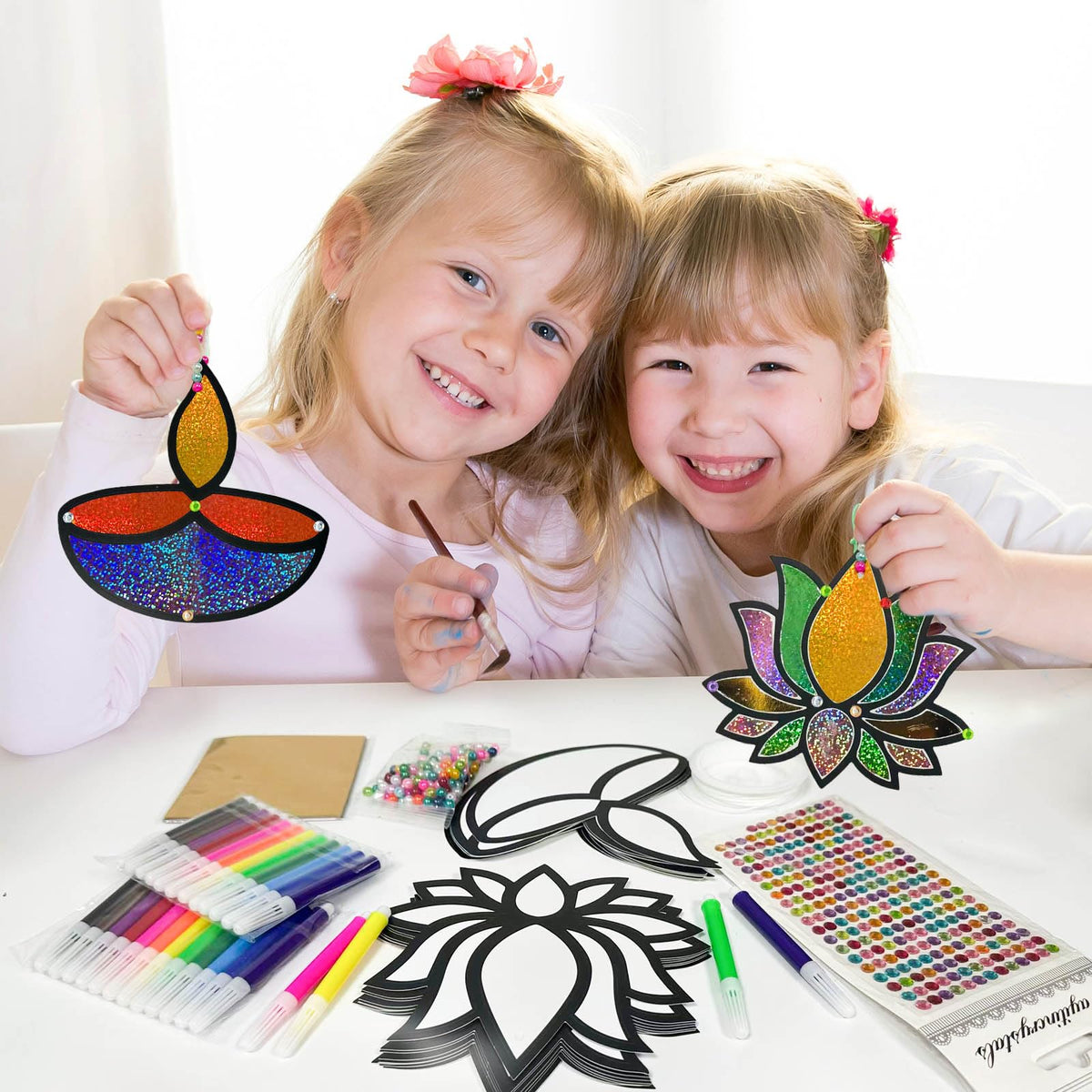 Cinrobiye 24 Set Happy Diwali Craft Kits Diwali Party Favors Foil Art DIY Lotus Flower Hanging Ornaments Festival of Lights Deepavali Paint Craft for Indian Temple Sunday Classroom Activity Supplies