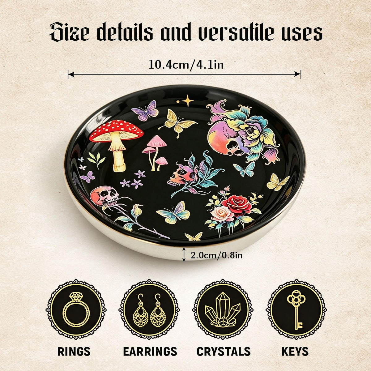 PEJXJML Gothic Ceramic Jewelry Tray Trinket Dish – Skull Mushroom Decorative Tray with Roses Butterflies, Dark Witchy Jewelry Dish for Rings Earrings Keys, Halloween Home Decor Gift, 4.1"