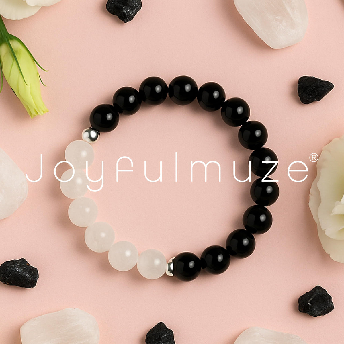 Joyfulmuze Black Tourmaline Selenite Bracelet, Handmade Stretch Jewelry, Natural Calming Crystals, Simple Genuine Chakra Energy Bracelet, Gifts for Women and Man, 8mm