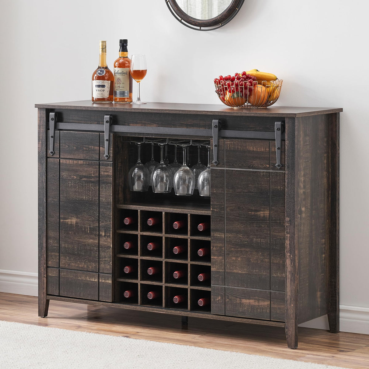 IDEALHOUSE Wine Bar Cabinet,Coffee Bar Cabinet,Farmhouse Liquor Station,Rustic Buffet Sideboard with Sliding Barn Doors,Wine & Glass Racks,Adjustable Shelves,for Living Room,Kitchen,Entryway(Fire)