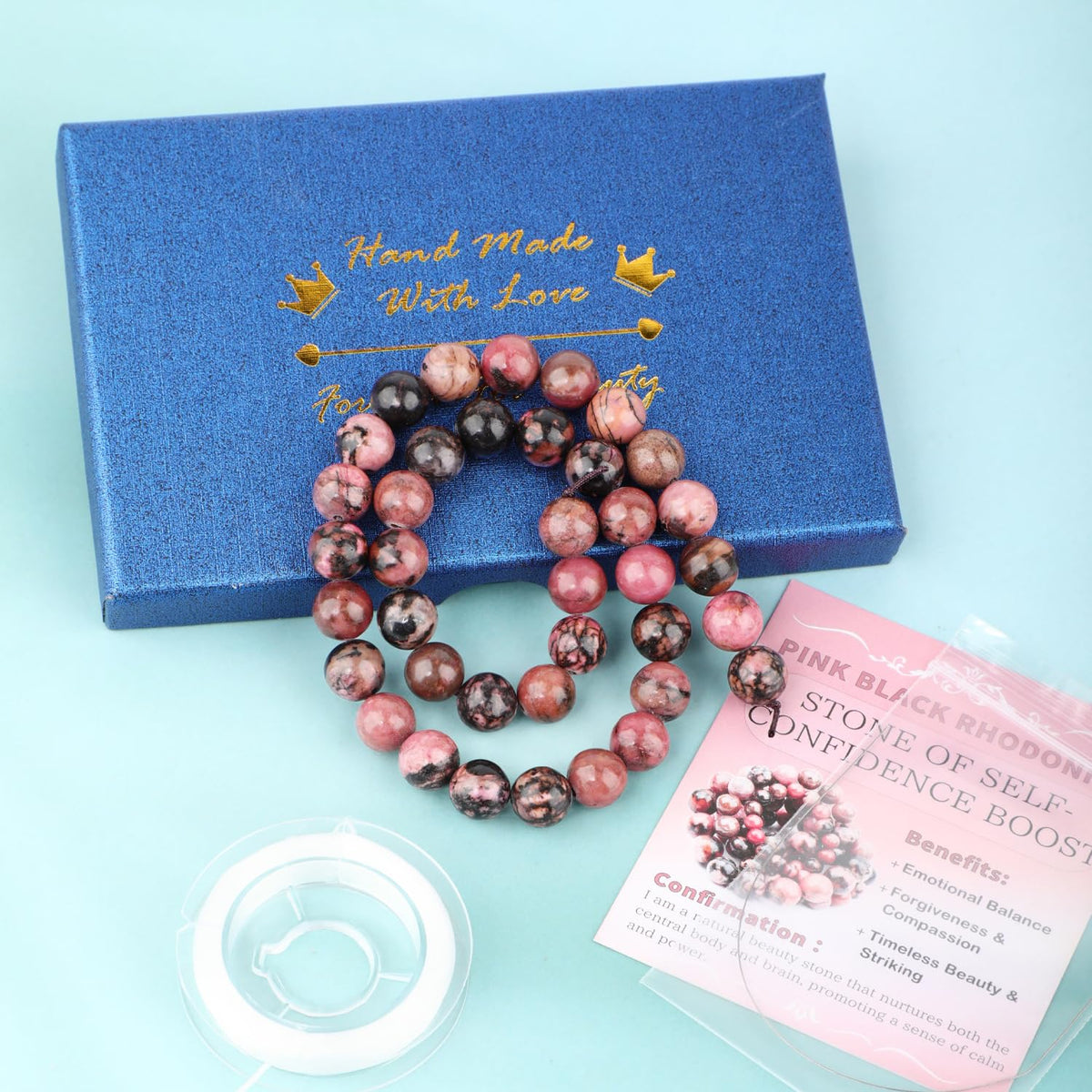 CMBYN Natural Stone Beads Round Genuine Real Stone Beading Strand Loose Gemstones DIY Smooth Bead for Bracelet Necklace Earrings Jewelry Making (Pink Black Rhodonite, 10mm 36 Pieces)