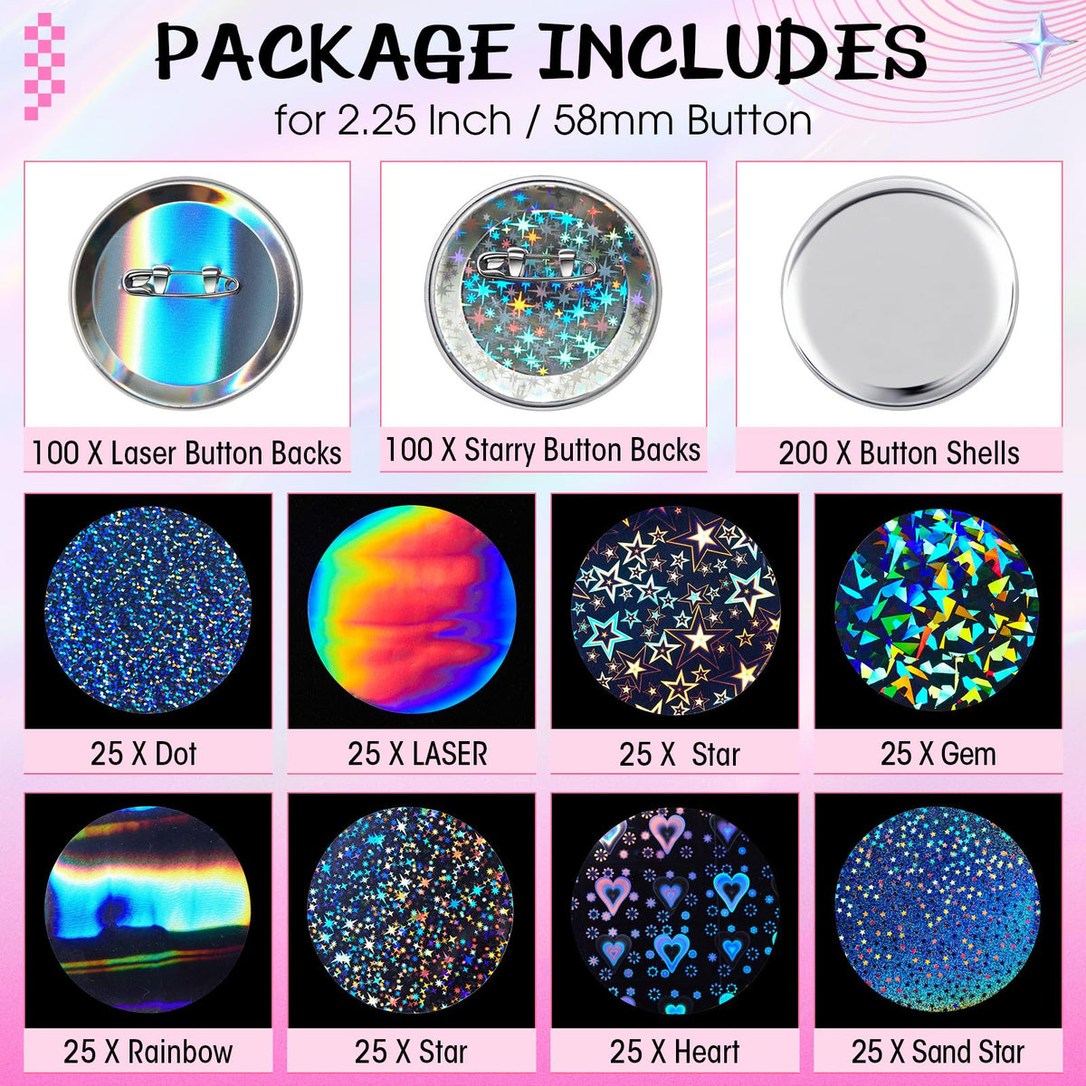 Humyoun 200 Sets 2.25 Inch 58mm Button Maker Supplies for Pin Maker Machine Kit Including 200 Holographic Sparkling Films, 100 Laser Back 100 Starry Back and 200 Shell for Button Press
