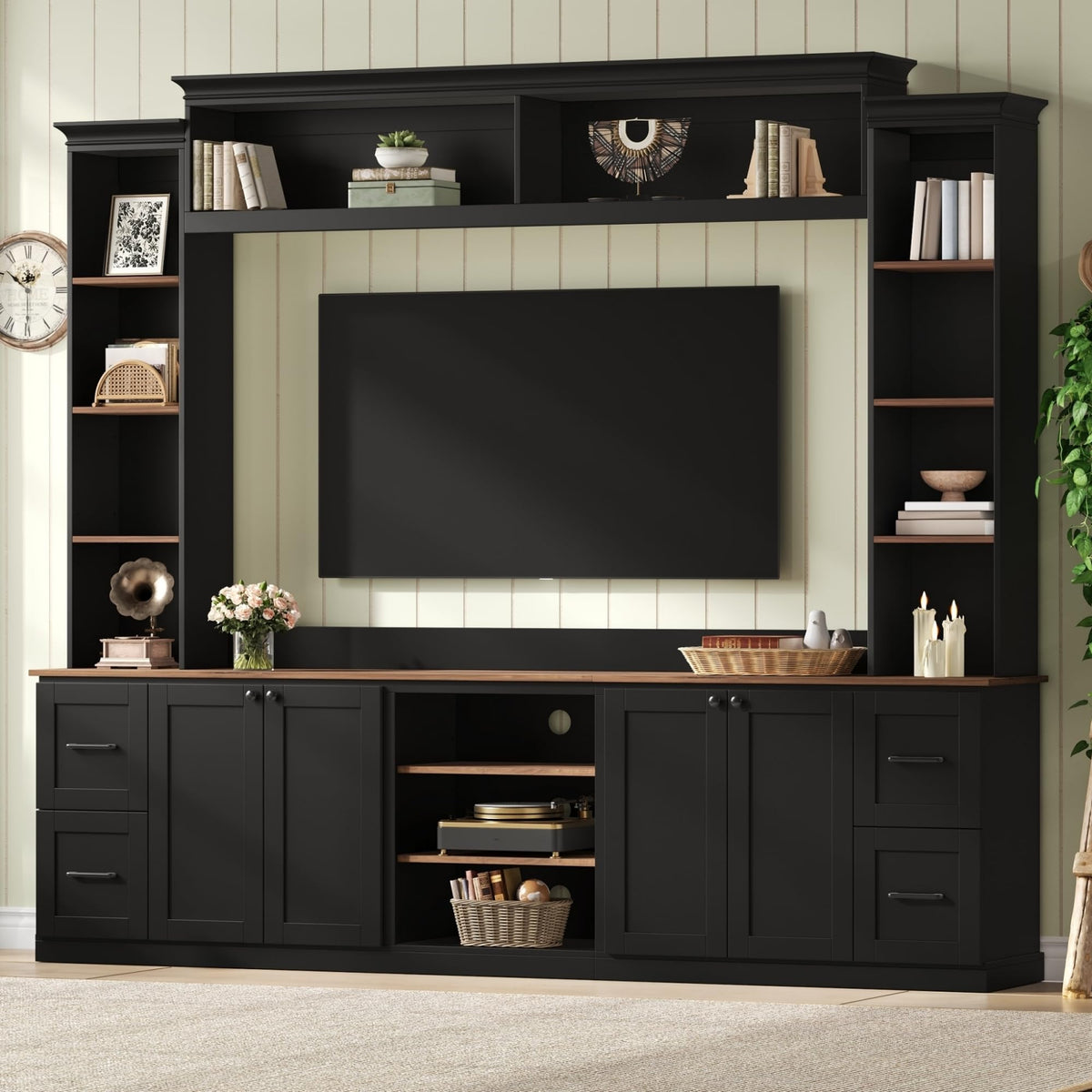Ball & Cast 94.8" Entertainment Center Wall Unit with Bookshelf for TVs Up to 70",Farmhouse Large TV Stand with Walnut Adjustable Shelves,Retro Media Console with 4 Drawers for Living Room,Black