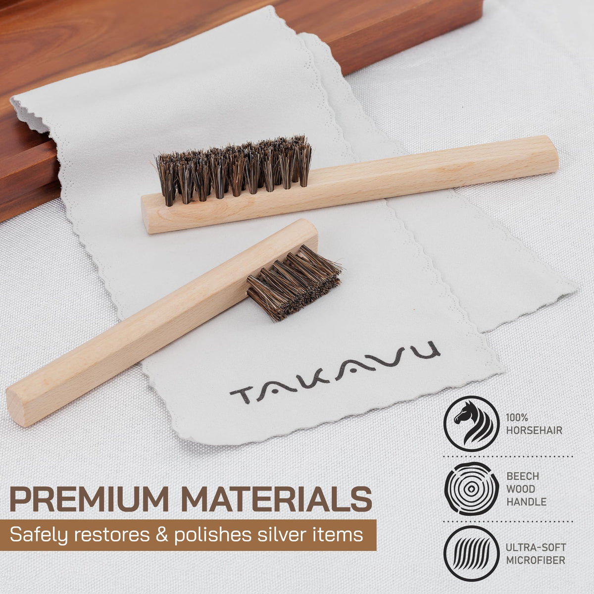 Horsehair Detail Brush Set 2pcs Silver Cleaning Brushes & Polish Cloth Perfect for Detailing, Polish Work, Fine and Heirloom Silverware Plateware Jewelry, Ultimate Solution for a Gleaming Finish