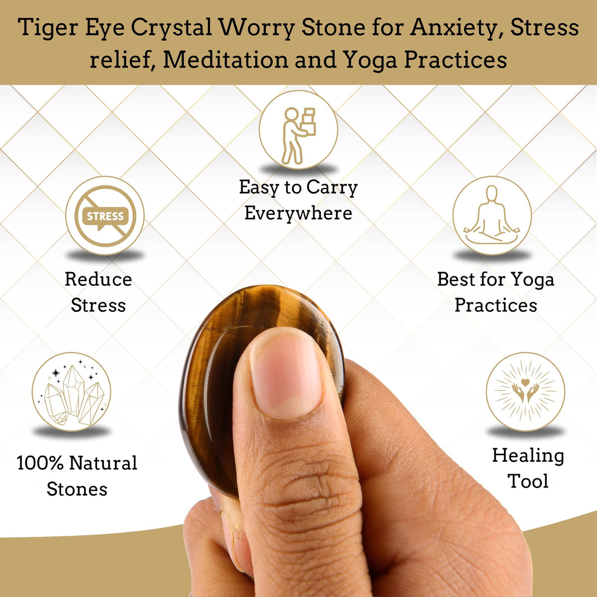 Anaya Agate Tiger Eye Worry Stones Certified Crystal Thumb Worry Stone for Anguish, Relaxing and Soothing Balance Stones for Meditation, Stress Relief Crystals and Healing Stones for Men, Women