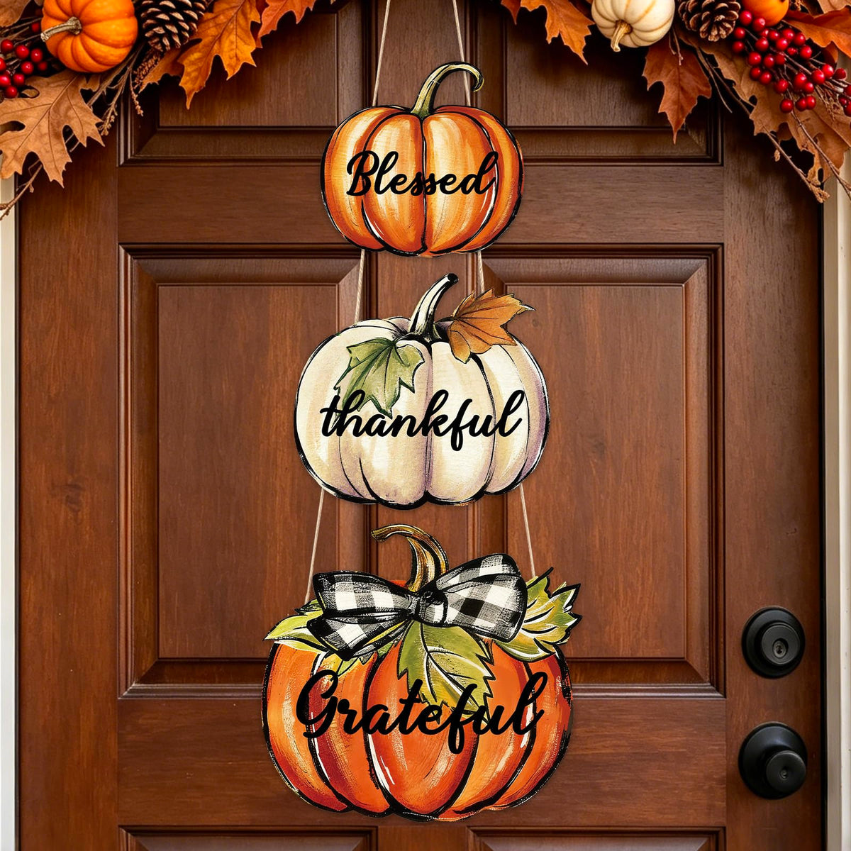 AnyDesign Fall Wooden Hanging Door Sign Thanksgiving Party Decoration Rustic Pumpkin Wood Plaque Ornament Pre-Assembled with DIY Bow Leaves for Autumn Front Door Wreath Porch