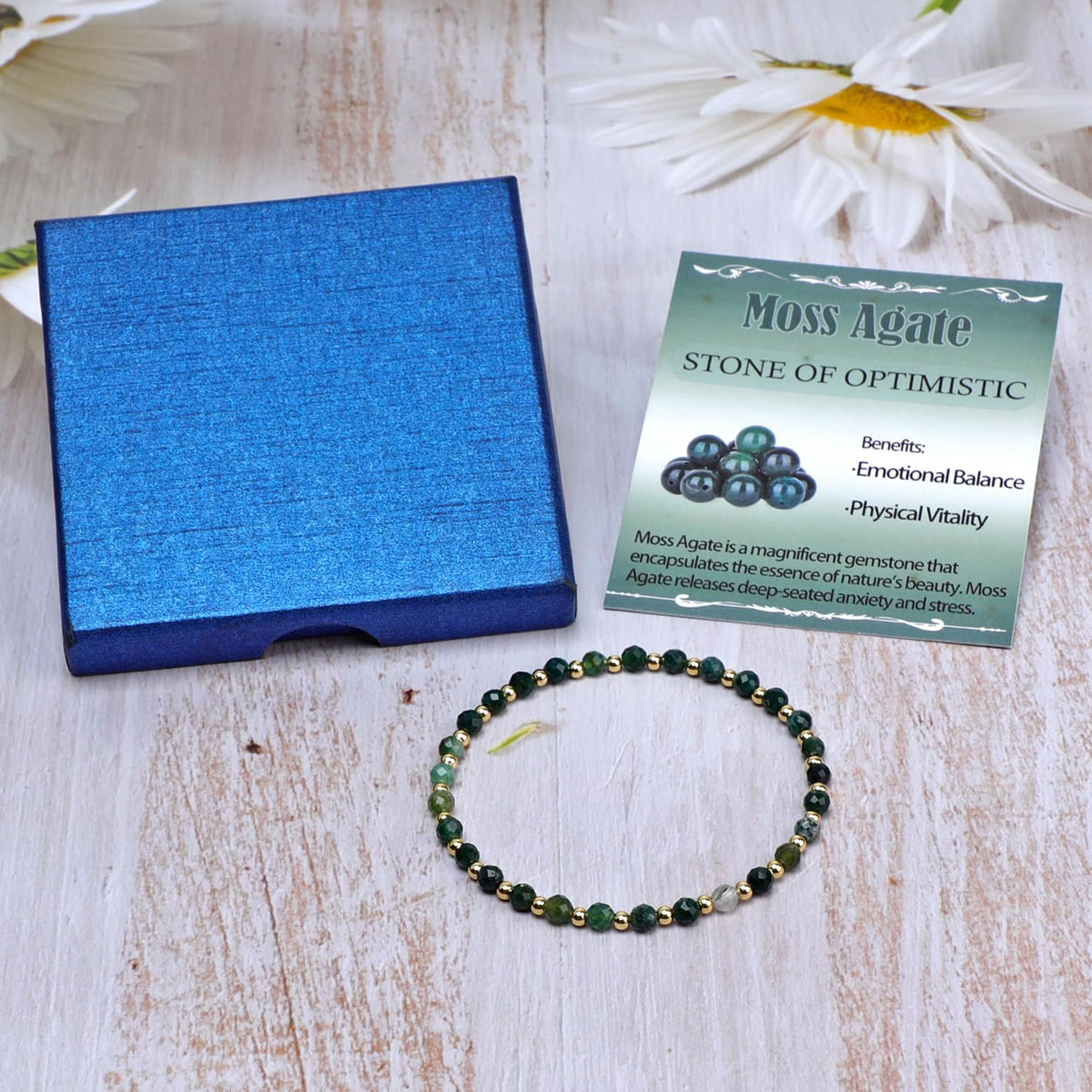 QOGIR Moss Agate - Stone of Optimistic - 14K Gold Plated Beads Natural Gemstone Stretch Elastic Dainty Healing Beaded Bracelets Gifts 4mm
