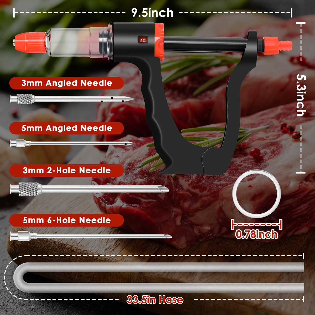 Dreyoo Marinade Injector Syringe for Smoking, Meat Injector Syringe with 3 Flow Settings, 4 Precision Needles & 33.46in Hose Ideal Meat Syringe Pump for BBQ, Smoking, Turkey and Holiday Feasts