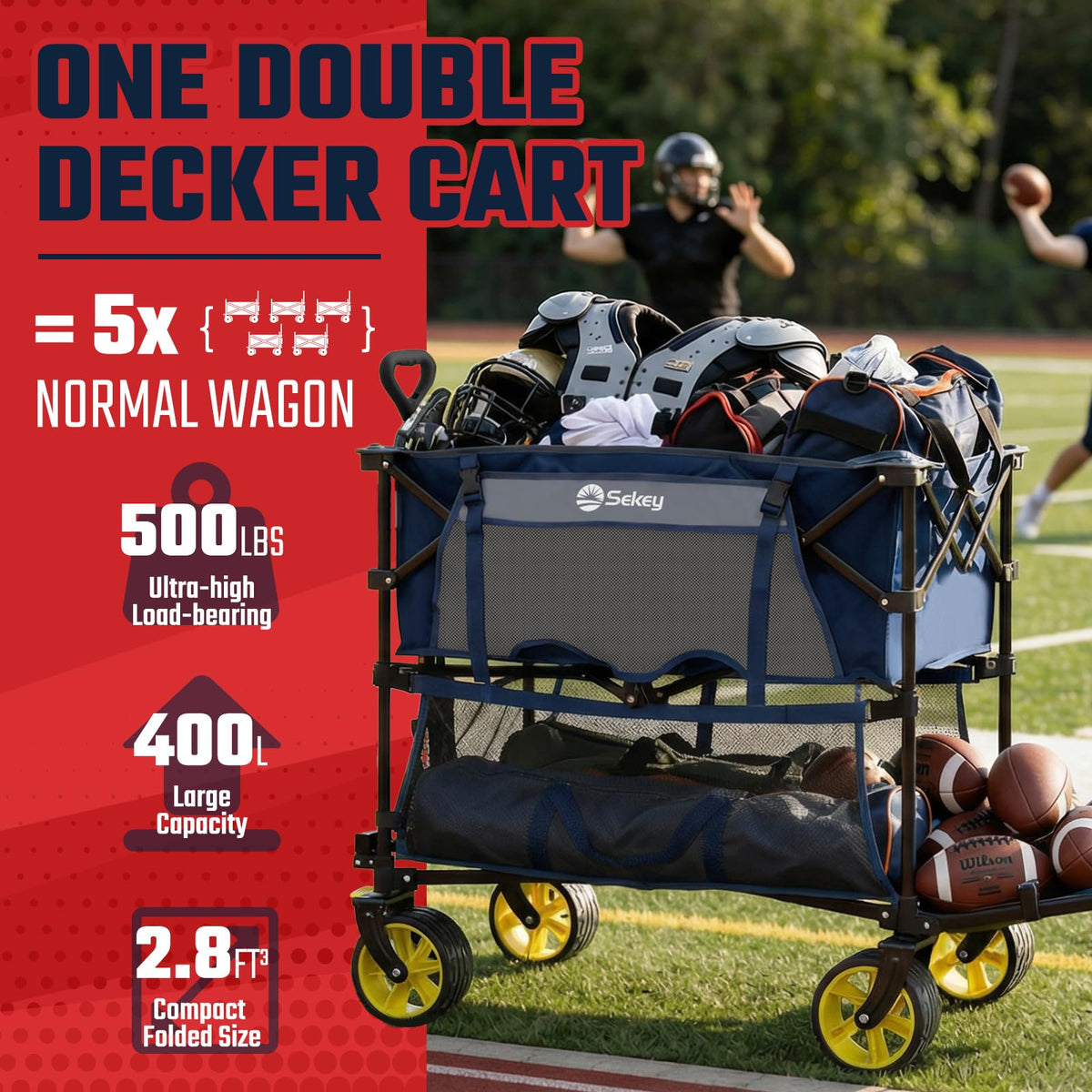 Sekey 500LBS Heavy Duty Double Decker Wagon with Extender, 400L Large Capacity Collapsible Garden Cart Fits 10x10 Canopy, All-Terrain Big Wheels with Brakes, Foldable Utility Wagon for Sports, Camping