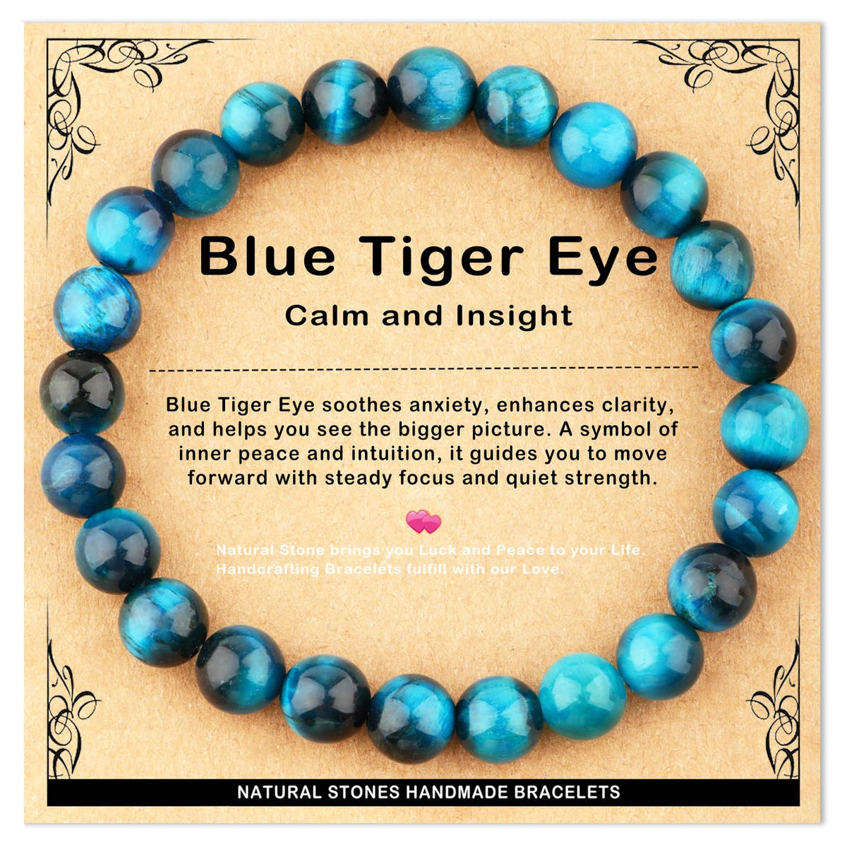 AD Beads 8mm Handmade Blue Tiger Eye Elastic Bracelet – Natural Gemstone for Calm and insight – Meditation, Yoga, Healing and Energy Gift for Men Women