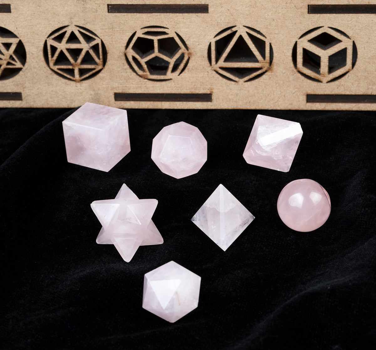 Crocon Rose Quartz 7Pcs Platonic Solids Crystal Geometry Set, Platonic Solids Sacred Geometric Stones for Meditation Reiki Balancing Healing Chakra Stone Cleansing Spiritual Good Luck (15-20mm)