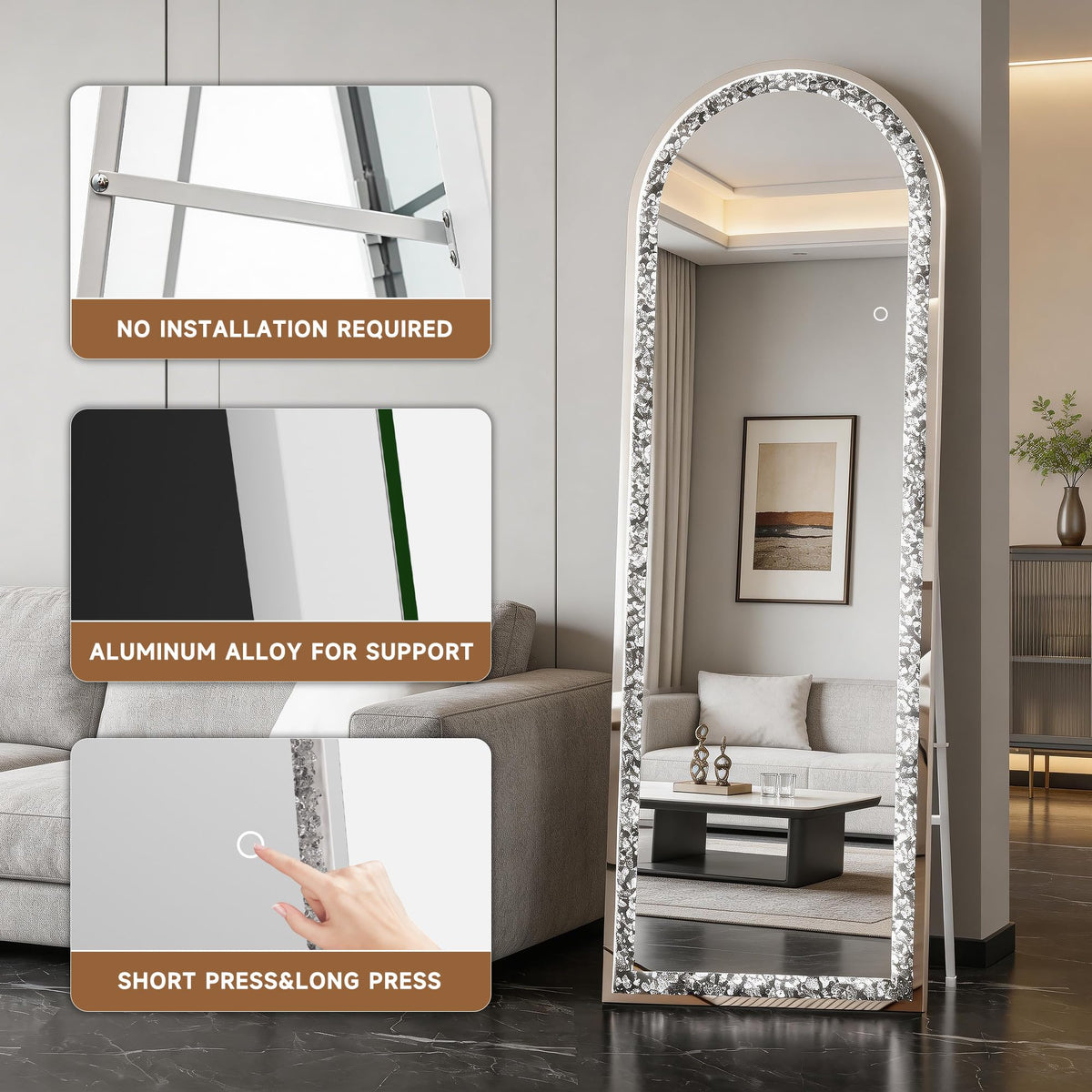 WINNICE 71"×24" Full-Length Mirror with Lights- Arch Crystal Crush Diamond Wall Mounted Hanging Diamond Mirror Leaning for Living Room Bedroom