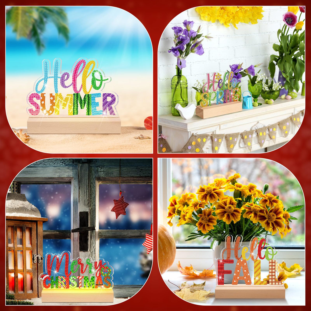 Chunful 13 Pcs Seasonal Diamond Art Tabletop Interchangeable Holiday Diamond Art Painting Kit with Wooden Light Base for 4th of July Summer Table Tiered Tray Home Office Tabletop Centerpiece Decor