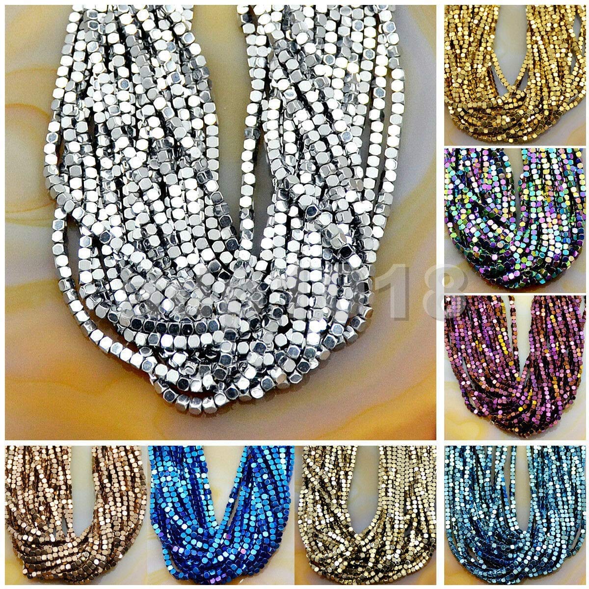 AD Beads Natural Hematite Gemstone Faceted Square Cube Loose Beads 16" (6x6mm, Metallic Multi-Colored)
