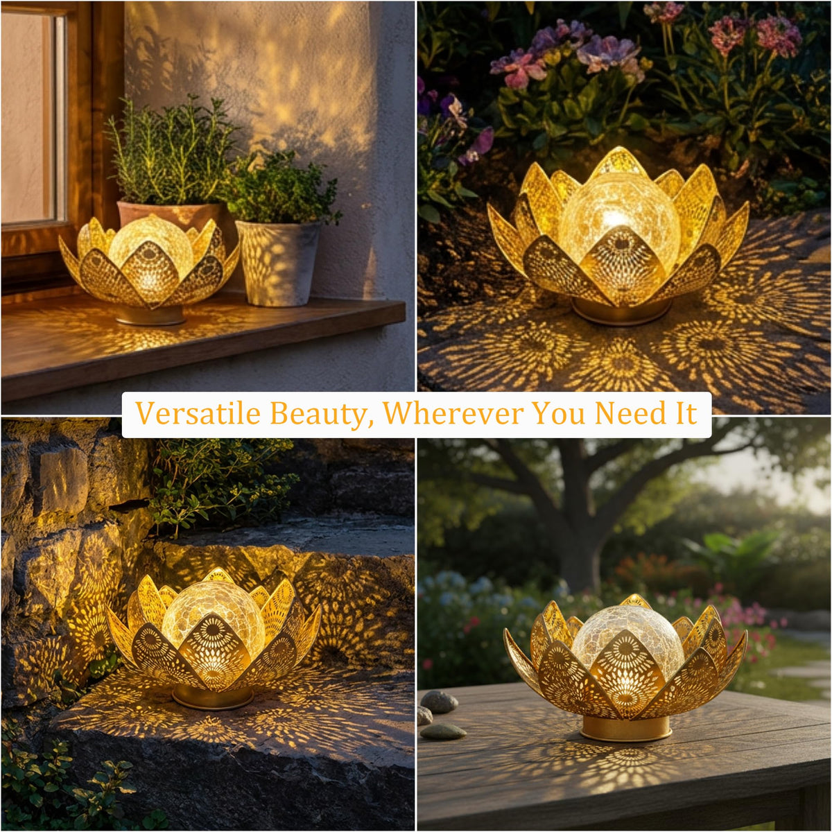 Cubular Solar Lights Outdoor Waterproof IP65 - Lotus Flower Lantern with Crackle Glass & Metal Petals, Garden Decor for Patio, Pathway, Lawn - Auto On/Off Gift for Women, Mom, Housewarming