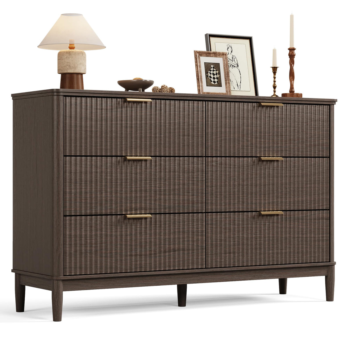 LINSY Fluted Dresser for Bedroom with 6 Drawers, Mid Century Modern Chest of Drawers with Gold Metal Handles, Wide Boho Wood Dressers, Large Farmhouse Storage Cabinet for Bedroom, Living Room, Walnut