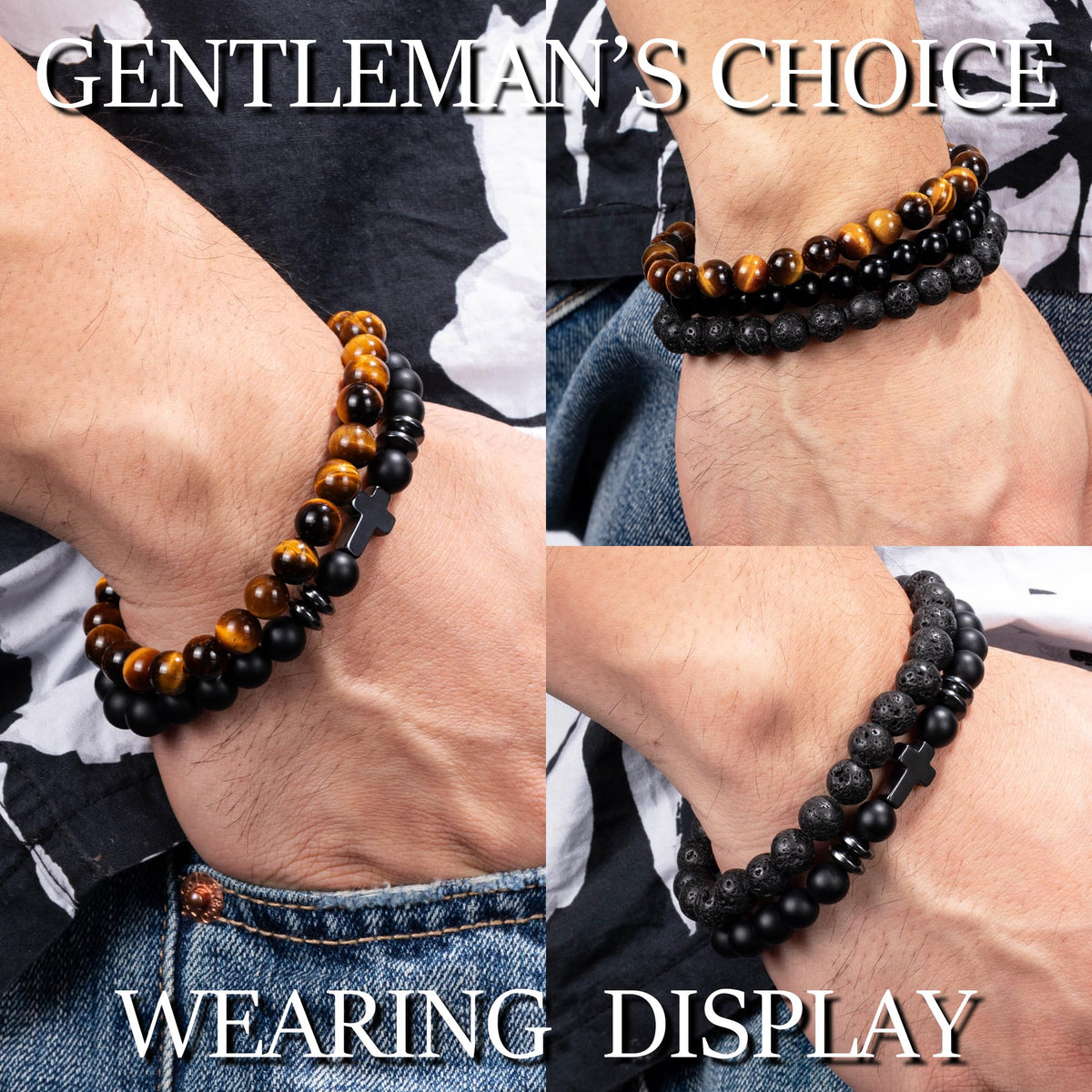 Crystery Men Beaded Bracelets, 8mm Natural Stone Bracelet, Healing Crystal, Jewelry Gifts for men, Triple Protection, Black Onyx, Tiger Eye, Black Obsidian Beads Bracelets, Lava Rock, Pack of 4