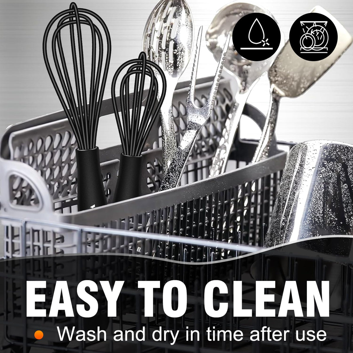 Walfos Whisk 5+7in/12cm+17cm Mini Whisk,Silicone Whisks Non Scratch Heat Resistant (480°F). Nice for stirring individual eggs and mixing small amounts of powder and sauce.Dishwasher Safe.Black