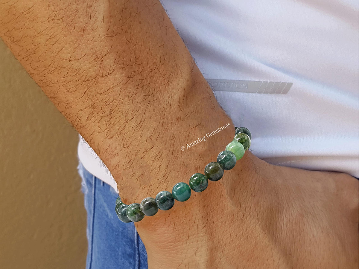 Amazing Gemstone Crystal Bracelet for Women Men's Gifts - Protection Healing Crystal Bracelet - 8mm Gemstone Beaded Stretchable Bracelet Pulseras Para Hombres Mujer Stocking Stuffers Mothers Day Gift (Moss Agate)