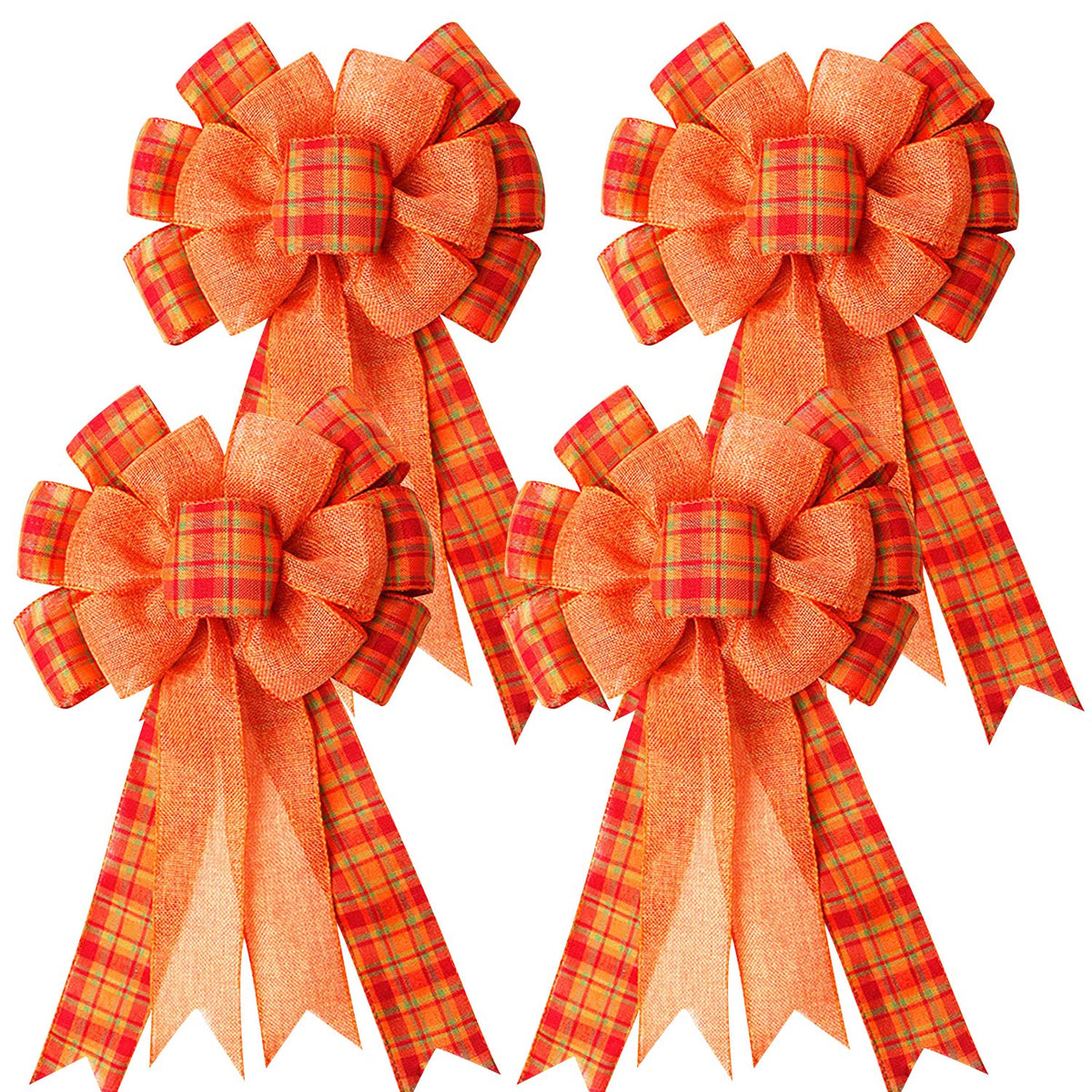 4Pcs Large Fall Thanksgiving Wreath Gift Bow -18.8x10.6inch Orange Buffalo Plaid Check Wreath Swag Bow Wreaths Pre-Tied Bows for Fall, Thanksgiving, Christmas, Home Indoor Outdoor Ornaments