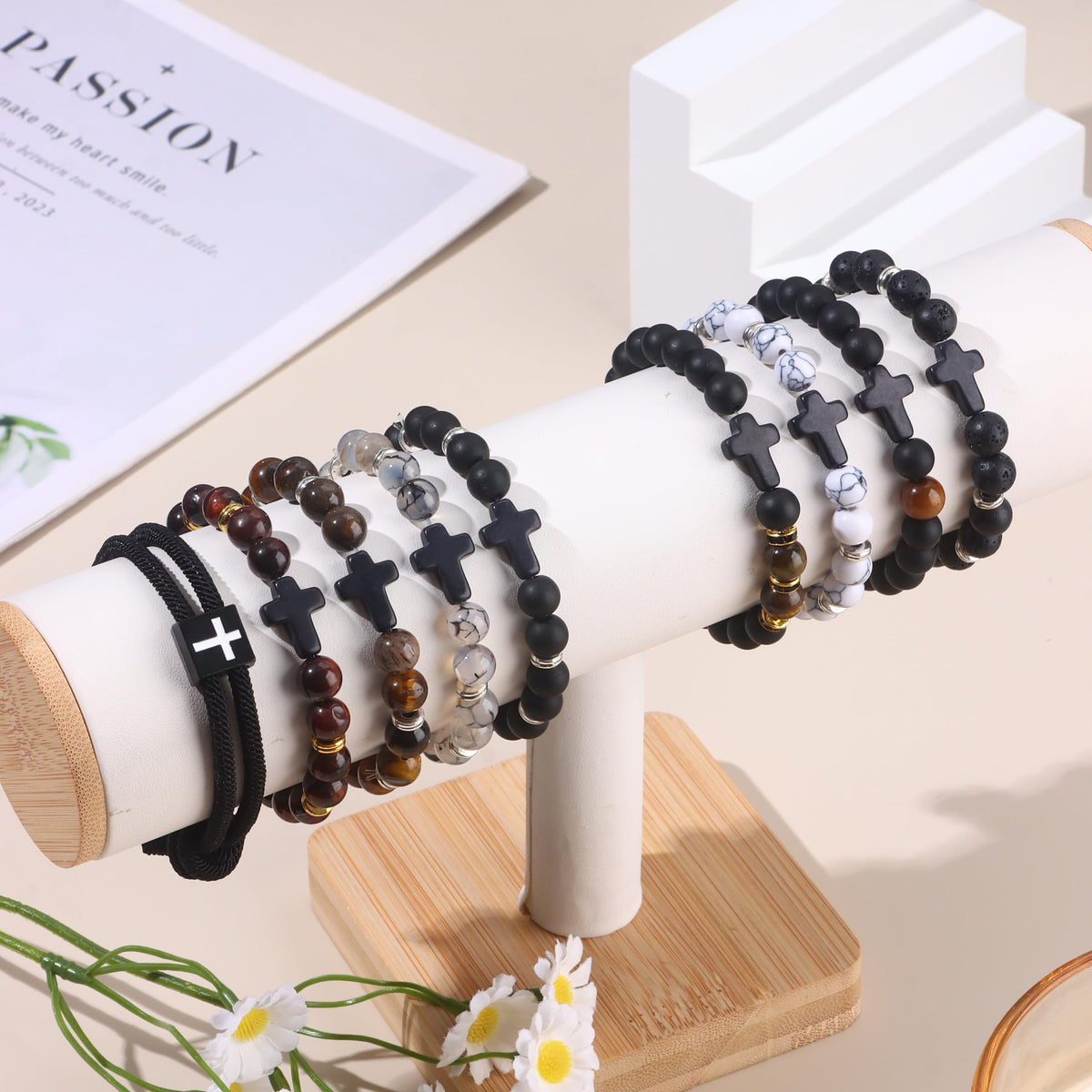 CASDAN 9Pcs Cross Prayer Bracelets for Men 8mm Christian Easter Basket Stuffers Cross Beaded Bracelet Inspirational Faith Based Religious Jesus Bracelets Gifts