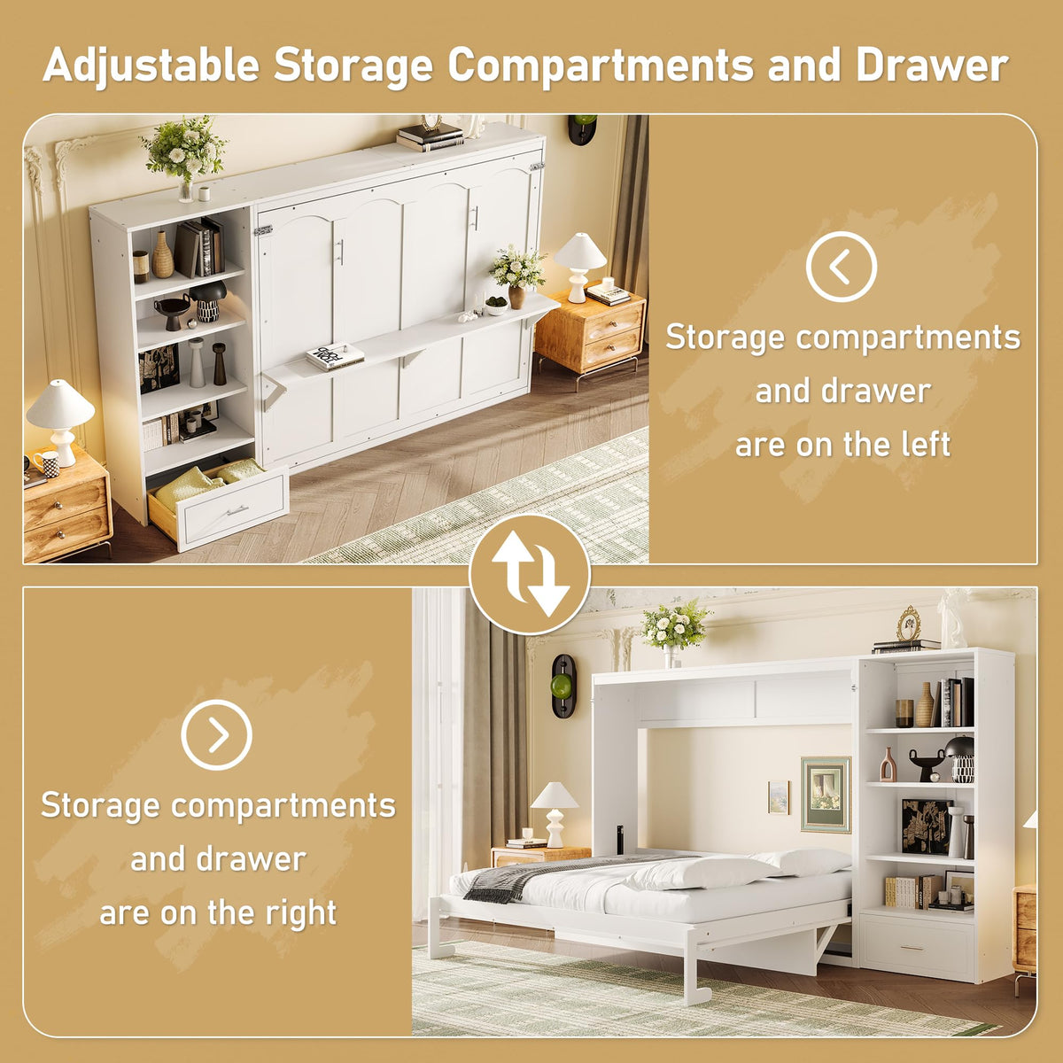 Merax Queen Murphy Bed with 3 Height Adjustable Storage Shelves & 1 Drawer, Wall Bed Frame Multifunctional Foldable Platform Bed for Small Space, Bedroom, Guest Room, Bear 500LBS (White)