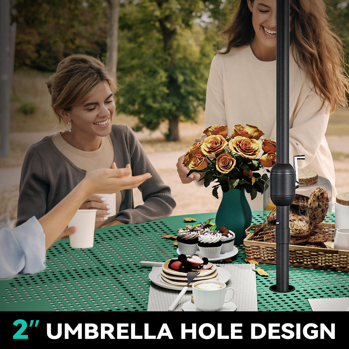 YITAHOME Coated Steel Picnic Table, 46" Heavy Duty Outdoor Picnic Table w/Sturdy Steel Frame & Umbrella Hole for Yard Patio Lawn Party, Round, Green