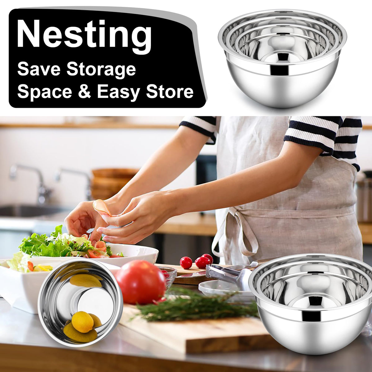 E-far Mixing Bowls with Lids, 6-Piece Stainless Steel Salad Bowls Metal Nesting Bowls for Baking Cooking and Prepping, Airtight Lids & Stackable Design, Size 4.5, 3, 1.5 QT (Black)