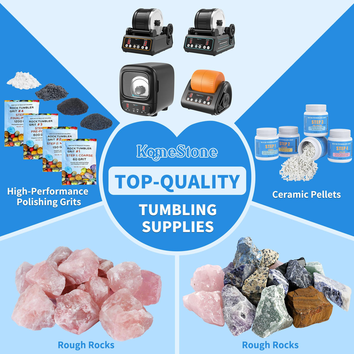 KomeStone Rough Raw Colorful Rocks & Rock Tumbler Polishing Refill Grits, High Performance Polishing Grits and Crystal Stones for Another Batch of Rocks Tumbling, Suitable for All Rock Tumblers