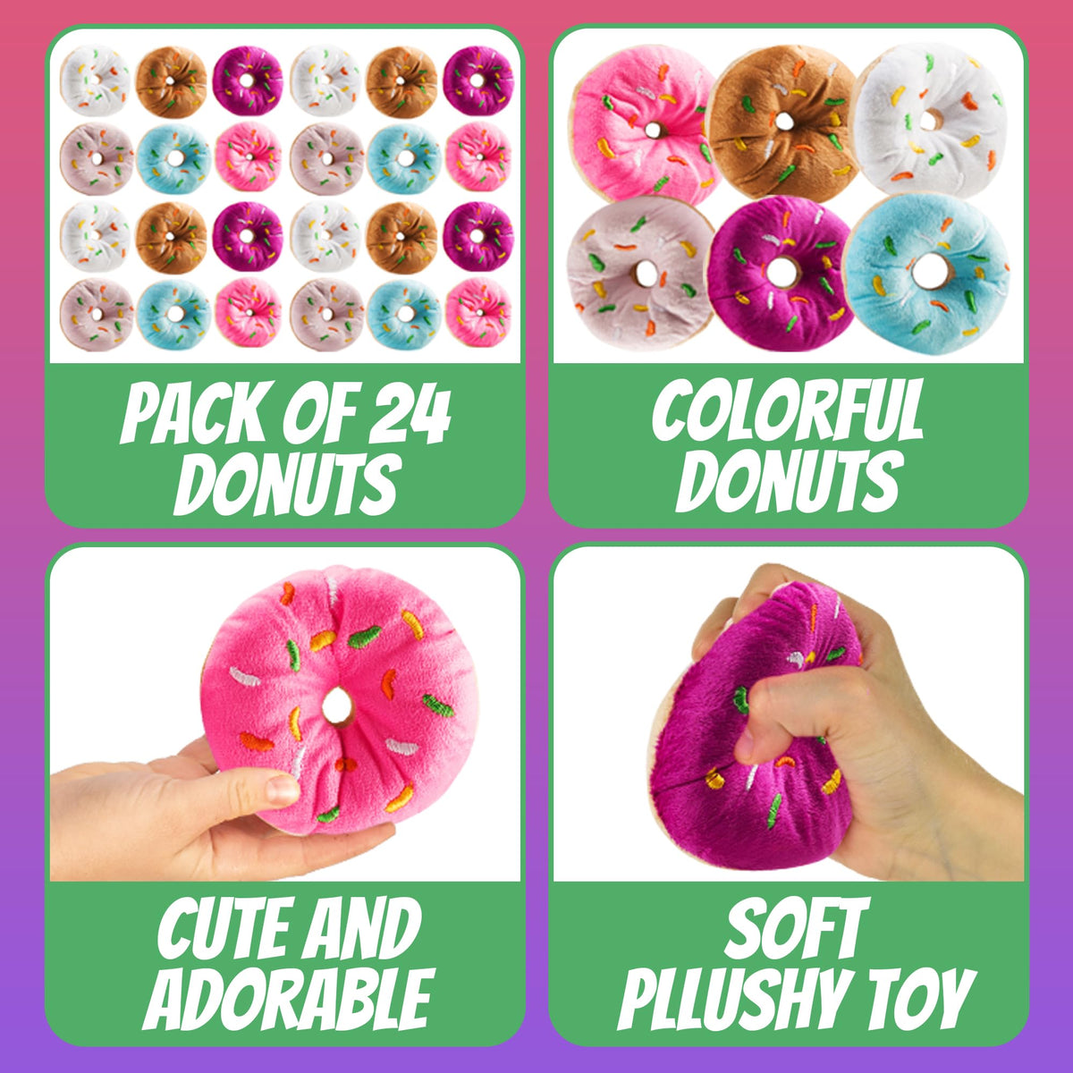 Bedwina Plush Donuts with Sprinkles - (Pack of 24) 1 Dozen Stuffed Donut Toy Party Favors, Donut Party Supplies Decorations for Kids