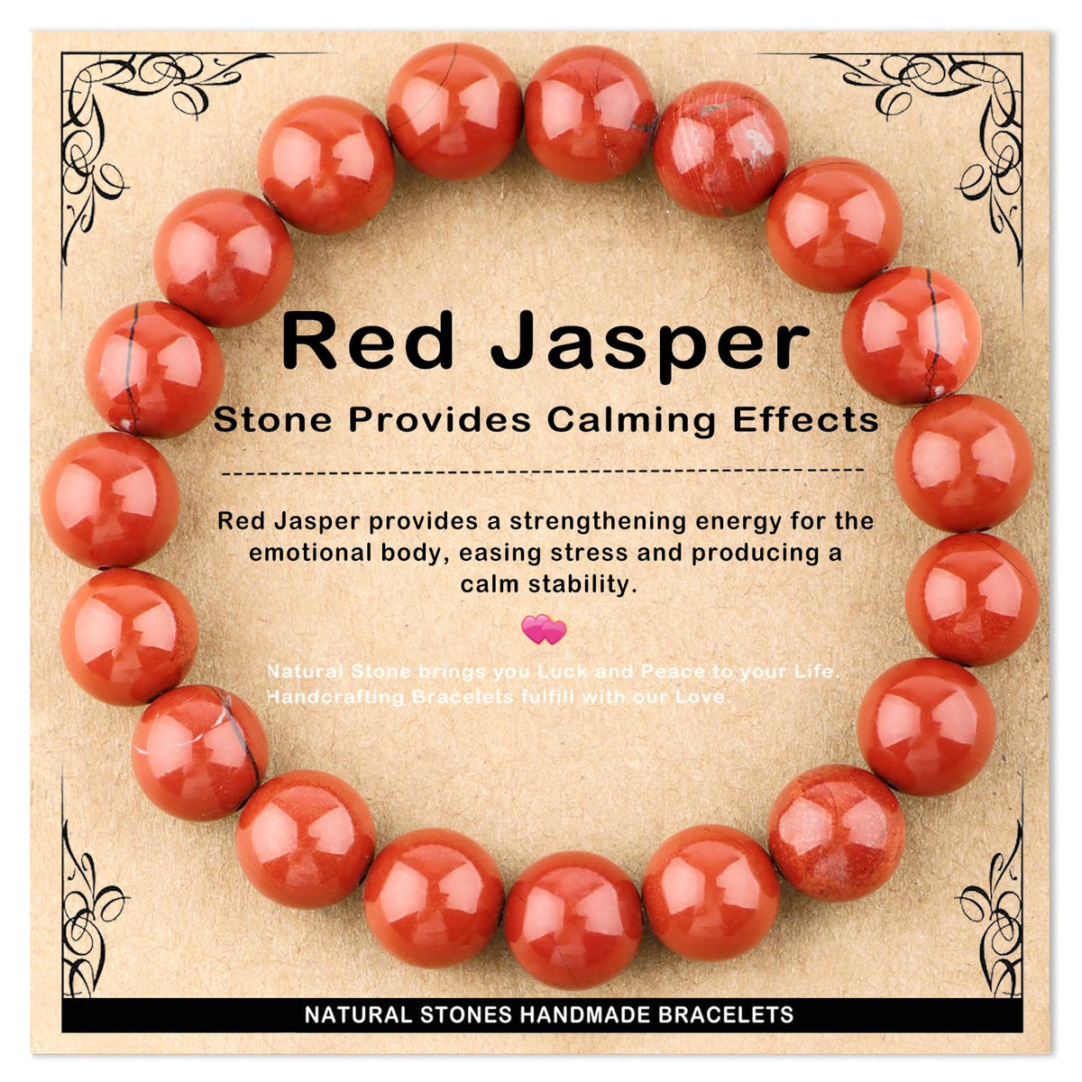 AD Beads 10mm Handmade Red Jasper Elastic Bracelet – Natural Gemstone for Stone provides Calming Effects – Meditation, Yoga, Healing and Energy Gift for Men Women