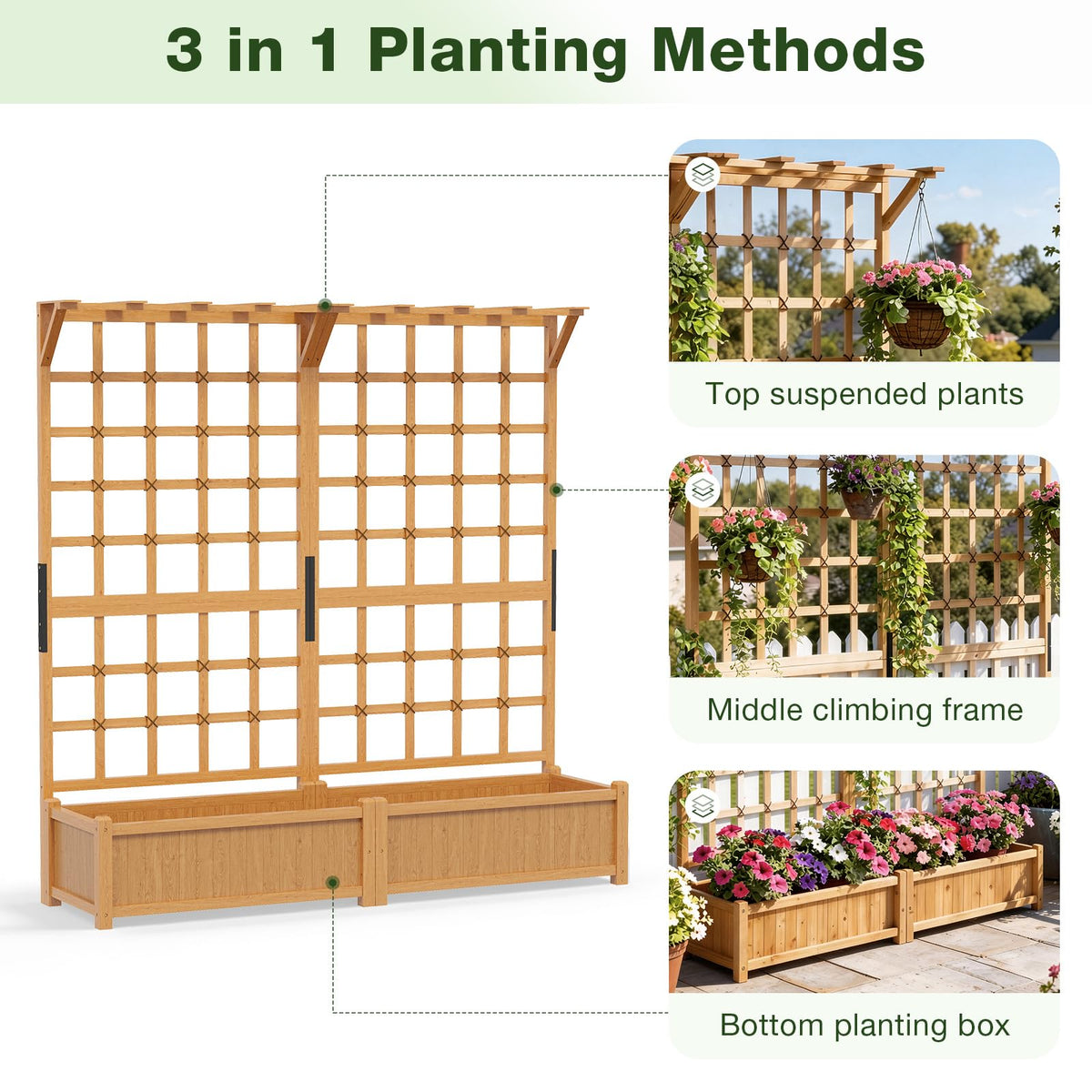 Aoxun 108" Wooden Raised Garden Bed with Trellis & Hanging Roof, 3-Piece Plant Planter Boxes for Climbing Vines, Flowers & Plants