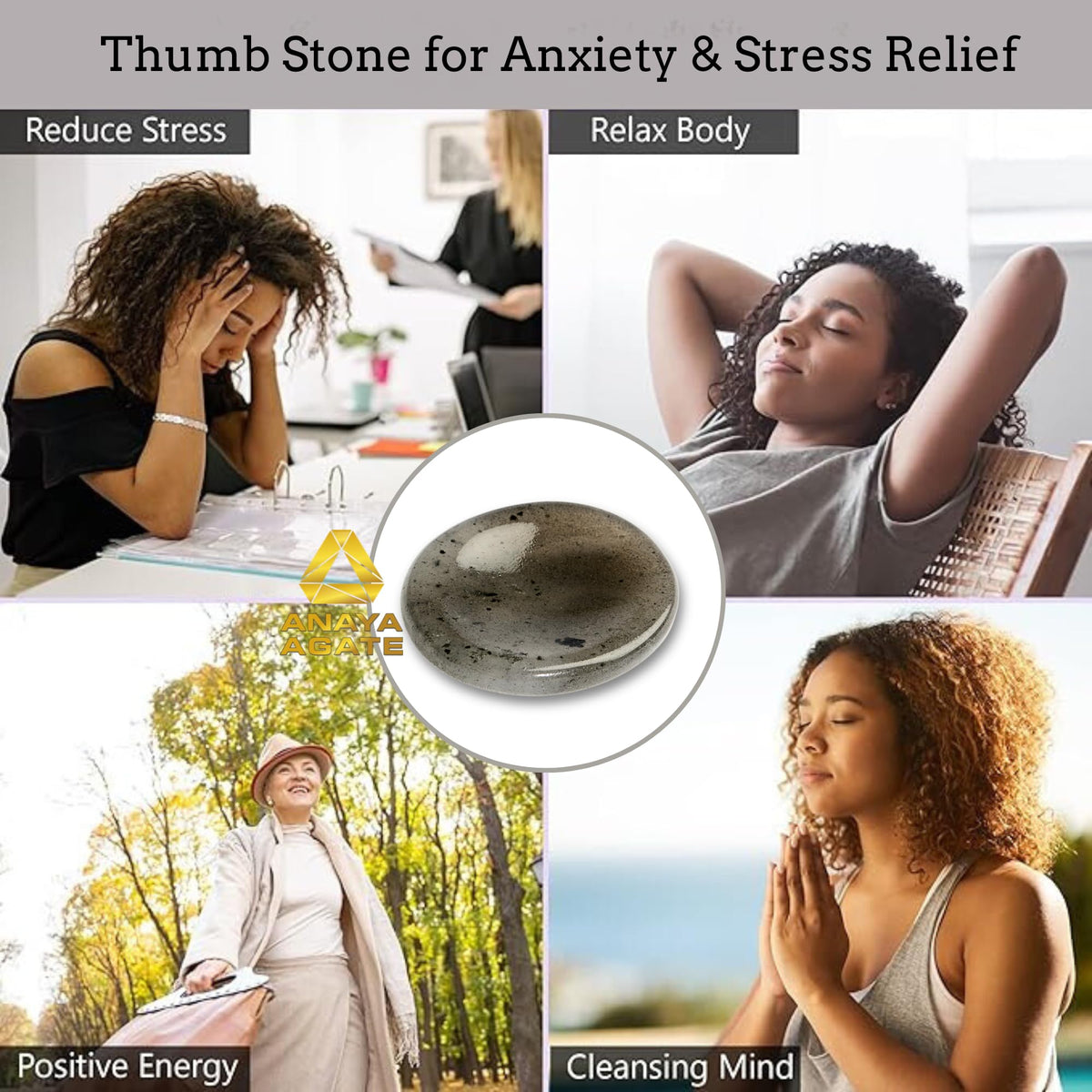 Anaya Agate Iolite Worry Stones Certified Crystal Thumb Worry Stone for Anguish, Relaxing and Soothing Balance Stones for Meditation, Stress Relief Crystals and Healing Stones for Men, Women