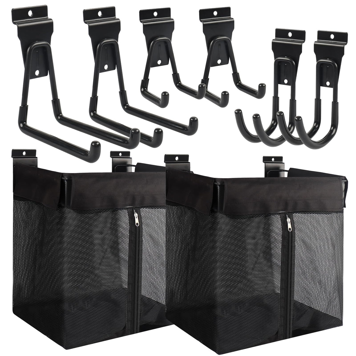 ZORUNNA 2PCS Slatwall Basket with Zipper, 6 PCS Heavy Duty Hooks, 16x15x11 Inch Slatwall Accessories, Easy to Install Garage Storage Mesh Basket for Shop Gym Toy Display Storage.